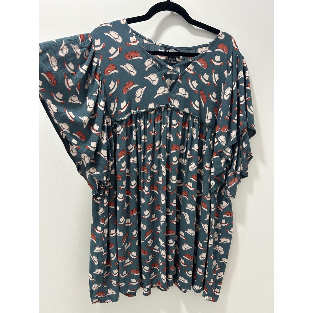 Angie Teal Blue Cowboy‎ Hat Print Babydoll Top Flutter Sleeve Strappy V-Neck L